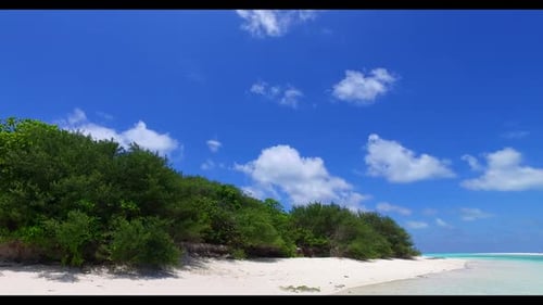 Aerial drone panorama of exotic tourist beach holiday by clear lagoon with white sandy background of