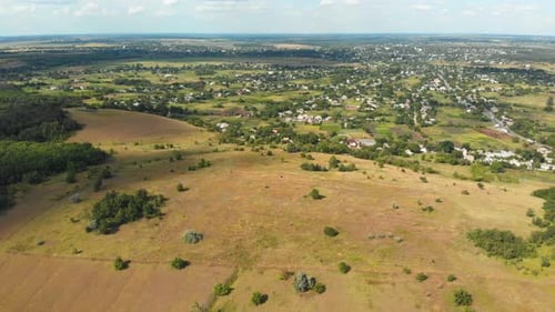 Aerial View of Green Fields and Hills on the Countryside, Green Valley, Village Skyline