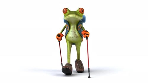3D Animated Frog Hiker Walking with Backpack and Poles