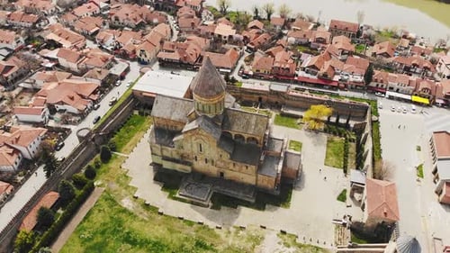 Cinematic Ascending View Svetitskhoveli Cathedral In Mtskheta