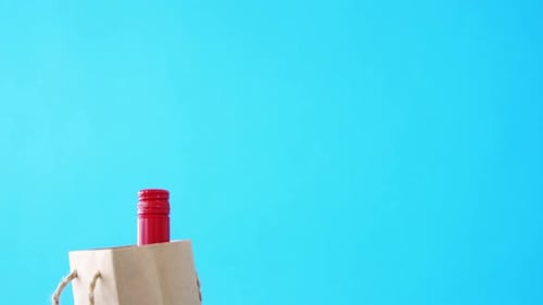 Botella en bolsa de compras sobre fondo azul