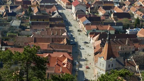 An aerial view of an old European city from the forest. Ukraine- 01 May 2022