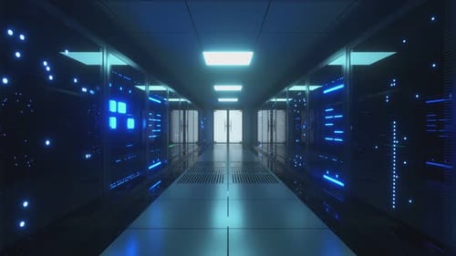 Flying Through a Futuristic Digital Data Server Room