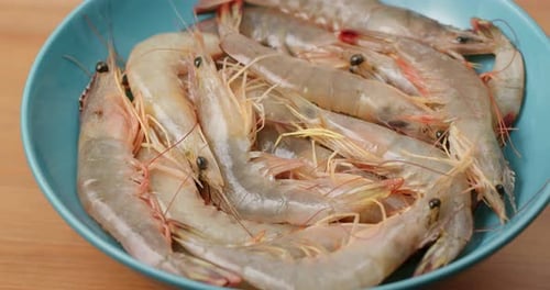 Fresh Raw Shrimp in Blue Bowl