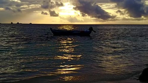Daytime panorama of exotic island beach voyage by blue lagoon and sand background after sunrise