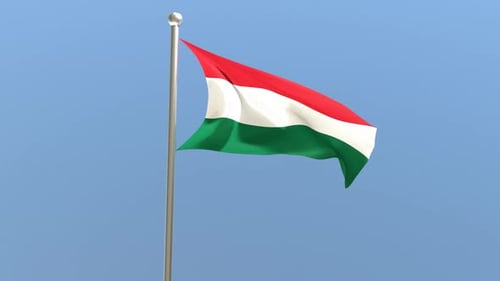 Realistic Hungary Flag Waving on Pole Against Blue Sky