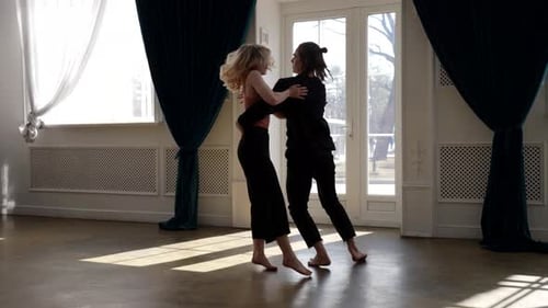 Young Pair of Dancers are Rehearsing in Hall Contemporary Choreography Woman and Man are Dancing