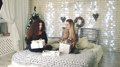 Friends Exchanging Christmas Gifts in Festive Home