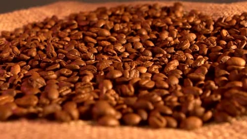 Pile of Coffee Beans on Burlap Close Up