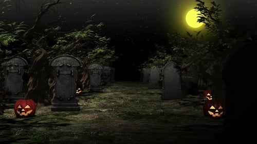 Spooky Halloween Graveyard Fly-Through Animation at Night