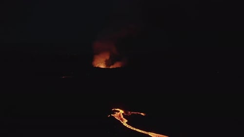 Drone Over Moving River Of Molten Lava From Erupting Volcano