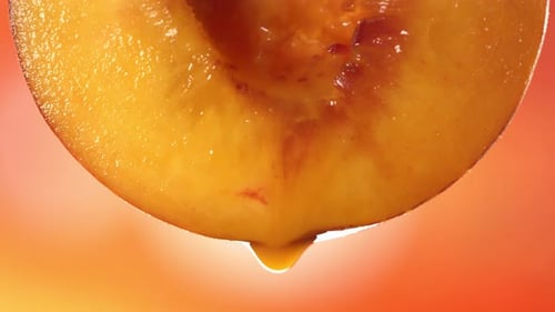 Slow Motion Macro Shot of Flowing Peach Juice From Half Peach