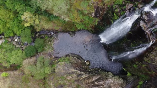 Aerial view of Fervenza do Toxa waterfall, Pontevedra, Galicia, Spain