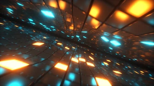 Fliegen im endlosen Raum von Neon- und Metallwürfeln