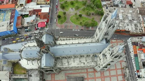 Aerial view, top down, of the Basílica del Voto Nacional,