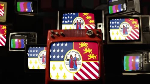 Detroit Michigan Flag on Multiple Retro Televisions