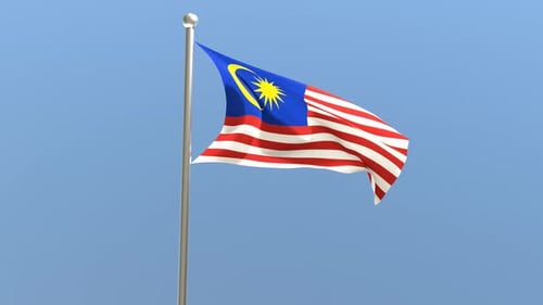 Malaysian Flag Waving on Flagpole Against Blue Sky