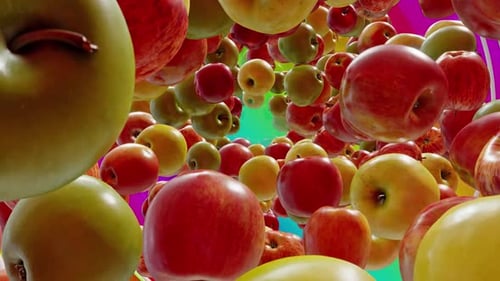 Colorful Red Green Yellow Apples Flying Through a Vibrant Tunnel