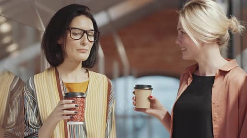 Two Female Coworkers Chatting during Coffee Break in Office