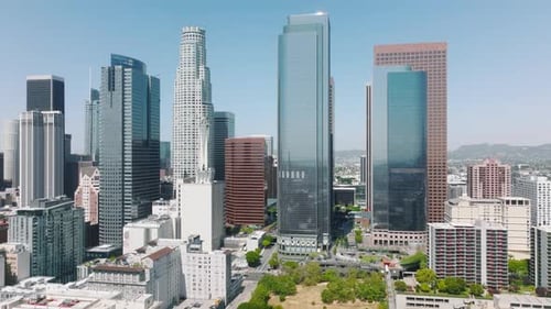 Cinematic Aerial Downtown Los Angeles on Sunny Summer Day California West USA
