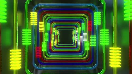 Colorful Glowing Square Tunnel with Pulsing Light Bars