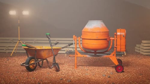 Animación de una mezcladora de concreto en una obra de construcción mientras se trabaja de noche.