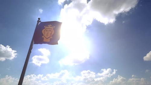 Waving Flag of Stockholm with Bright Sun Flare and Blue Sky