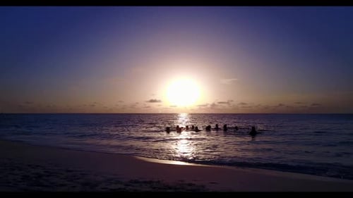 Aerial above scenery of marine resort beach wildlife by blue ocean and white sandy background of a d