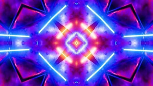 Flying in a tunnel with flashing blue and yellow fluorescent lights. Kaleidoscope Looped animation.