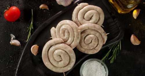 Overhead View of Spiral Sausages with Fresh Ingredients