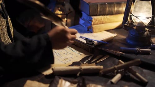 Writing Letter with Quill and Ink by Lantern Light