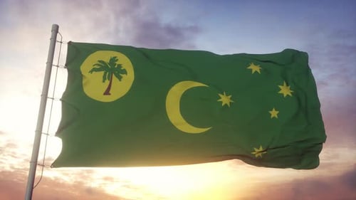 Cocos Keeling Islands Flag Waving Against Beautiful Sunset Sky