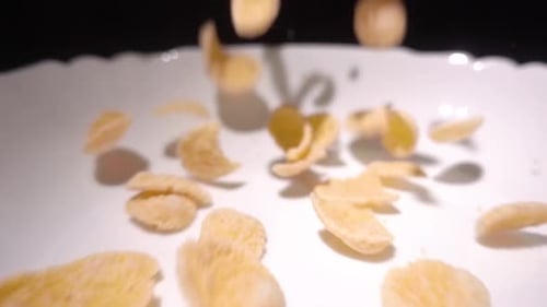Super Slow Motion Cornflakes Falling Into a Bowl of Milk Top View