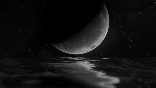 Monochromatic Moon Reflection with Sparkling Stars and Water Ripples