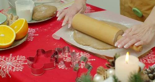 Flat Lay. Step By Step. Rolling Out Gingerbread Cookie Dough To Bake Christmas Cookies.
