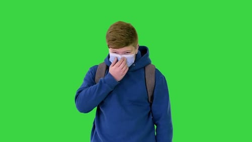 Overweight School Boy Wearing Medical Mask on a Green Screen, Chroma Key.