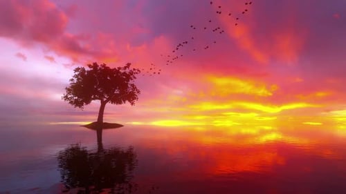 Vibrant Sunset Sky Over Water with Lone Tree and Flying Birds