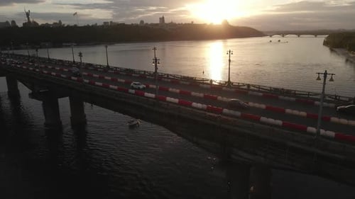 Gorgeous Footage of River Dnipro Reflecting the Sunset Over Kyiv Ukraine