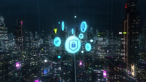 Futuristic Smart City Network with Glowing Technology Icons and Data Flow