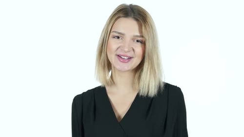Smiling Woman Waving Hello on White Background