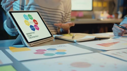 Asia businesspeople meeting plan analysis statistics brainstorm and header of team hold tablet.