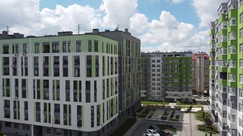 Aerial drone view of a flying over the modern residential building.
