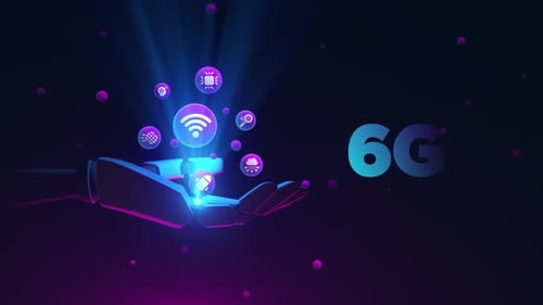 Futuristic Hand Holding Holographic Technology Icons Background