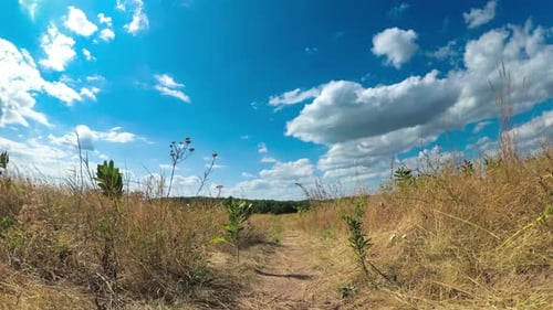Landscape Fields with Path and Moving Clouds in Blue Sky. Timelapse. Amazing Rural Valley. Ukraine