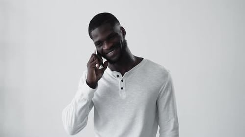 Phone Conversation Cheerful Black Guy Making Call