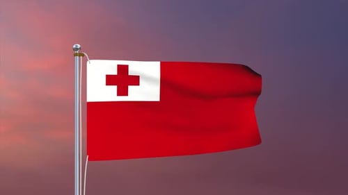Realistic Animated Tonga Flag Waving Against Sky Background