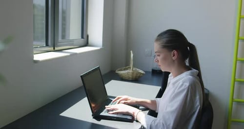 Young Business Woman Sitting in Startup Office Using Laptop Computer