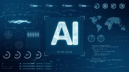 Blue digital 3D AI logo with head up display and futuristic technology abstract background