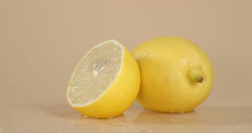 Fresh, Wet Lemons on Beige Background