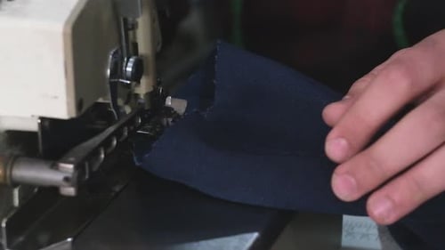 Sewing Machine Stitching Dark Blue Textile Close Up